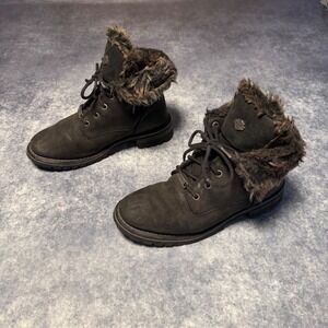 Y2K Harley-Davidson Women's Black Leather Faux Fur Combat Boots Sz 9 D84319